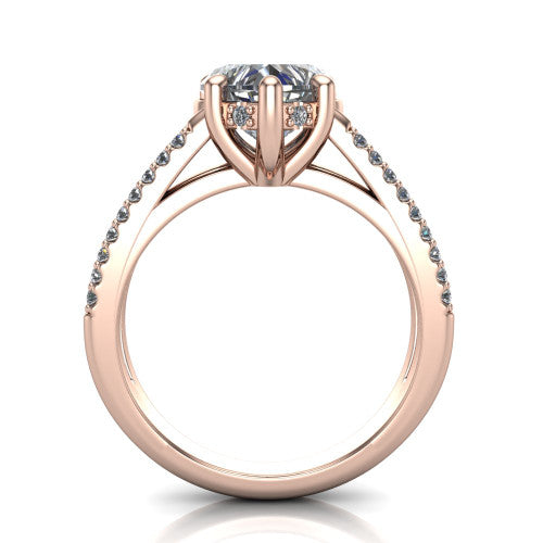 Linda heart hidden halo engagement ring in 18K Rose Gold with pavé split shank, through-finger front profile revealing the hidden halo collar