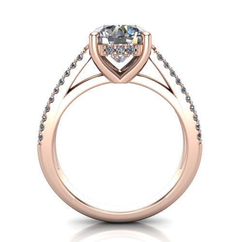 Linda round hidden halo engagement ring in 18K Rose Gold with pavé split shank, through-finger front profile revealing the hidden halo collar