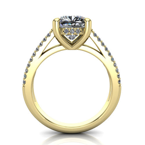 Linda cushion hidden halo engagement ring in 14K Yellow Gold with pavé split shank, through-finger front profile revealing the hidden halo collar