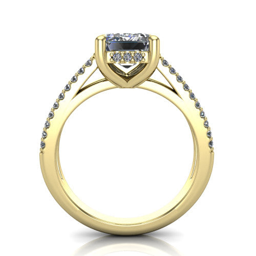 Linda emerald hidden halo engagement ring in 14K Yellow Gold with pavé split shank, through-finger front profile revealing the hidden halo collar