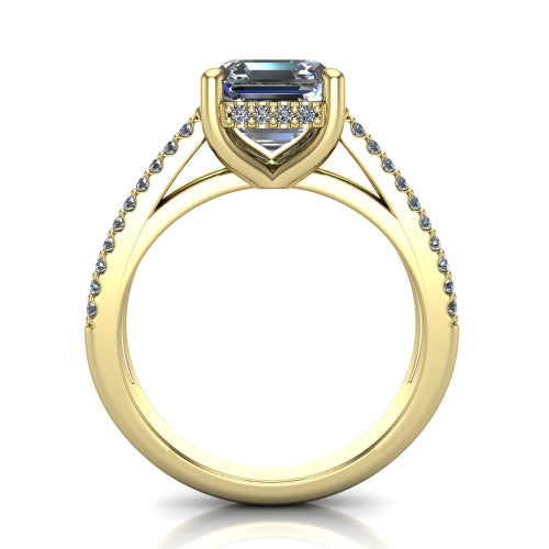 Linda asscher hidden halo engagement ring in 14K Yellow Gold with pavé split shank, through-finger front profile revealing the hidden halo collar