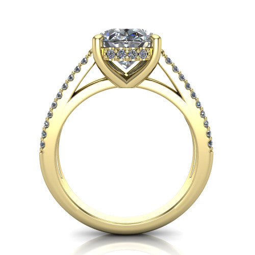 Linda oval hidden halo engagement ring in 14K Yellow Gold with pavé split shank, through-finger front profile revealing the hidden halo collar