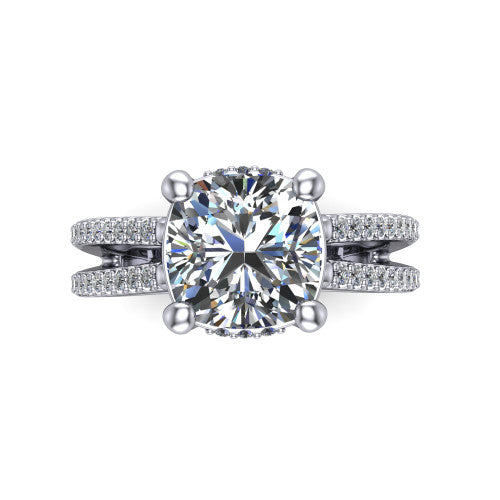 Linda cushion hidden halo engagement ring in 14K White Gold with pavé split shank, top-down view of the center and pavé split shank