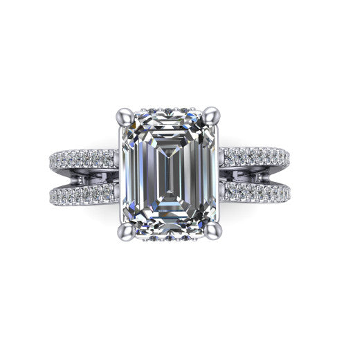 Linda emerald hidden halo engagement ring in Platinum with pavé split shank, top-down view of the center and pavé split shank