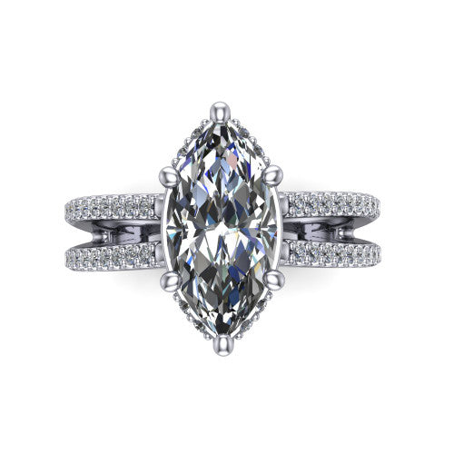 Linda marquise hidden halo engagement ring in Platinum with pavé split shank, top-down view of the center and pavé split shank