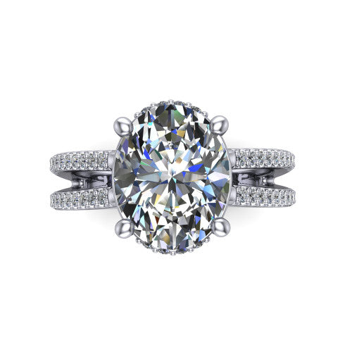 Linda oval hidden halo engagement ring in 14K White Gold with pavé split shank, top-down view of the center and pavé split shank