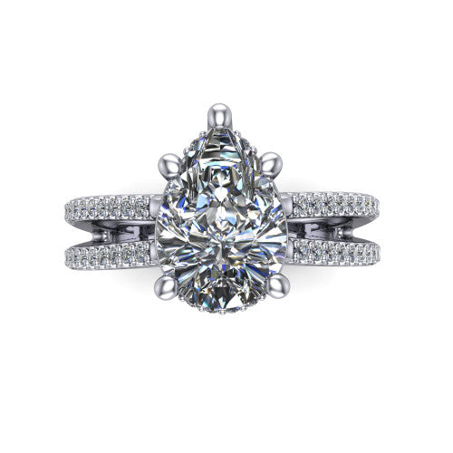 Linda pear hidden halo engagement ring in 18K White Gold with pavé split shank, top-down view of the center and pavé split shank