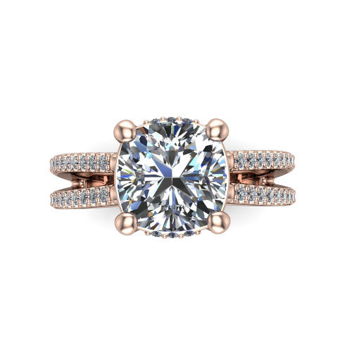 Linda cushion hidden halo engagement ring in 18K Rose Gold with pavé split shank, top-down view of the center and pavé split shank