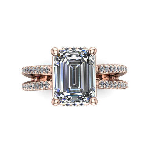 Linda emerald hidden halo engagement ring in 14K Rose Gold with pavé split shank, top-down view of the center and pavé split shank