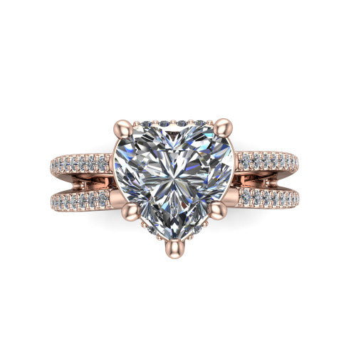 Linda heart hidden halo engagement ring in 14K Rose Gold with pavé split shank, top-down view of the center and pavé split shank