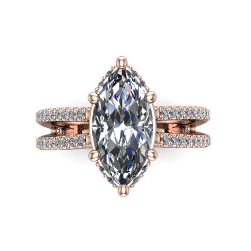 Linda marquise hidden halo engagement ring in 14K Rose Gold with pavé split shank, top-down view of the center and pavé split shank