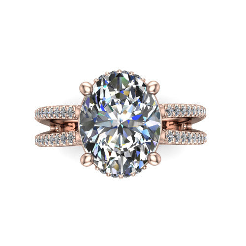 Linda oval hidden halo engagement ring in 18K Rose Gold with pavé split shank, top-down view of the center and pavé split shank