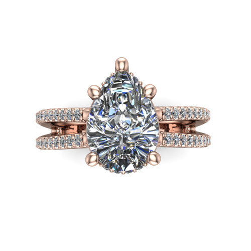 Linda pear hidden halo engagement ring in 18K Rose Gold with pavé split shank, top-down view of the center and pavé split shank
