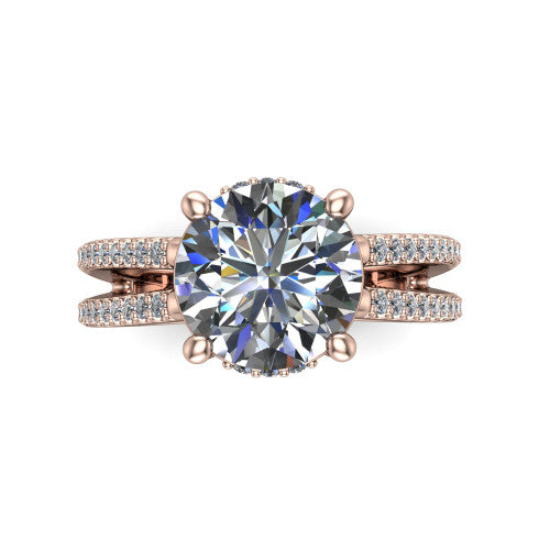 Linda round hidden halo engagement ring in 18K Rose Gold with pavé split shank, top-down view of the center and pavé split shank