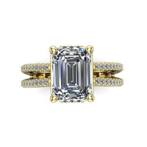 Linda emerald hidden halo engagement ring in 18K Yellow Gold with pavé split shank, top-down view of the center and pavé split shank