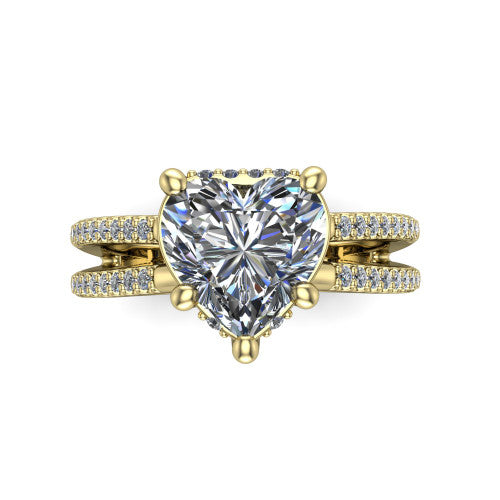 Linda heart hidden halo engagement ring in 18K Yellow Gold with pavé split shank, top-down view of the center and pavé split shank