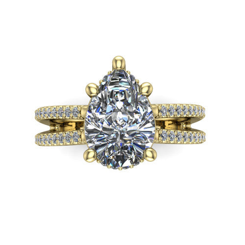 Linda pear hidden halo engagement ring in 14K Yellow Gold with pavé split shank, top-down view of the center and pavé split shank