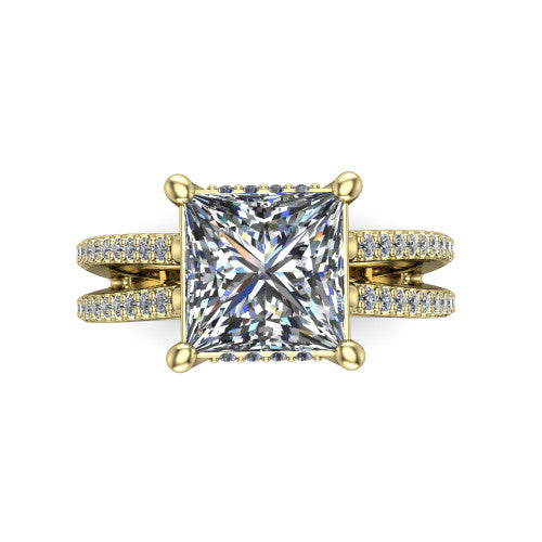 Linda princess hidden halo engagement ring in 18K Yellow Gold with pavé split shank, top-down view of the center and pavé split shank