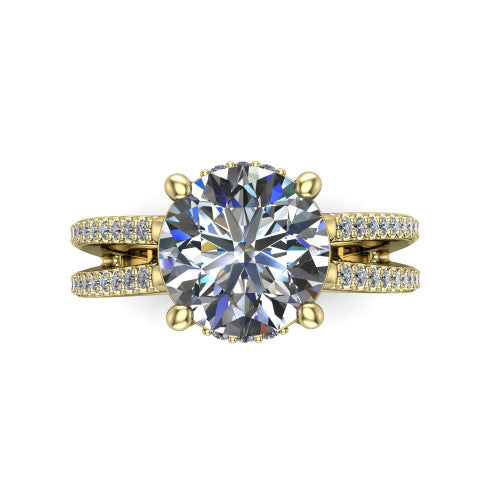 Linda round hidden halo engagement ring in 18K Yellow Gold with pavé split shank, top-down view of the center and pavé split shank