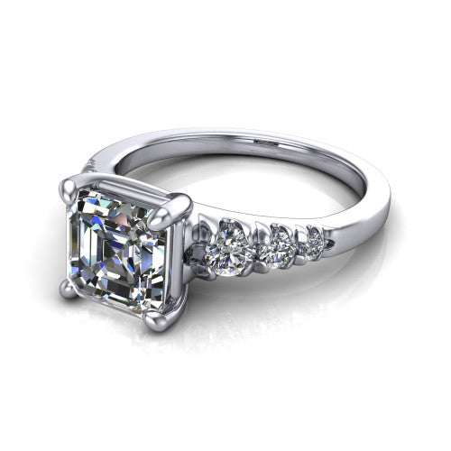 Millie asscher accent engagement ring in 14K White Gold with graduated round side stones, three-quarter perspective view