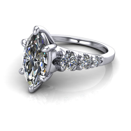 Millie marquise accent engagement ring in 18K White Gold with graduated round side stones, three-quarter perspective view