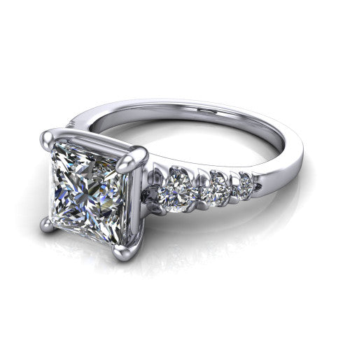 Millie princess accent engagement ring in Platinum with graduated round side stones, three-quarter perspective view