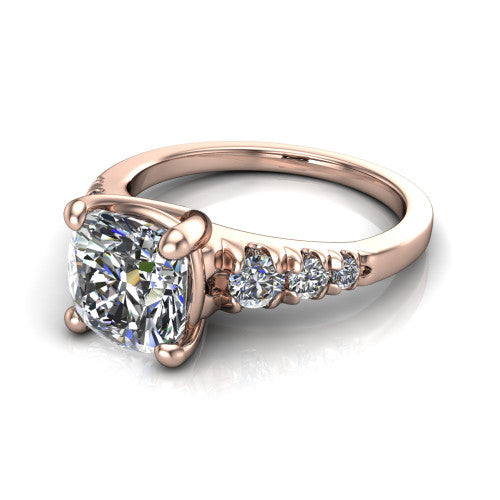 Millie cushion accent engagement ring in 18K Rose Gold with graduated round side stones, three-quarter perspective view