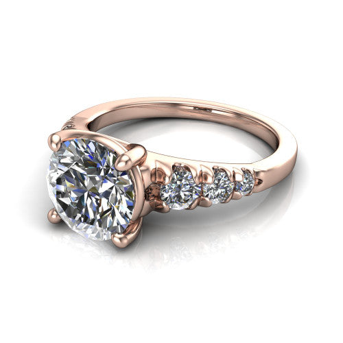 Millie round accent engagement ring in 18K Rose Gold with graduated round side stones, three-quarter perspective view