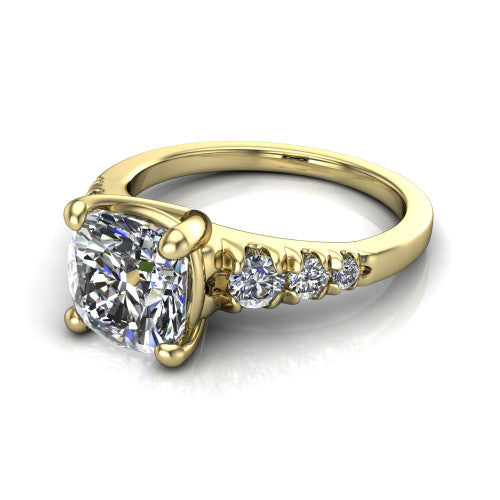 Millie cushion accent engagement ring in 18K Yellow Gold with graduated round side stones, three-quarter perspective view