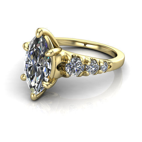 Millie marquise accent engagement ring in 18K Yellow Gold with graduated round side stones, three-quarter perspective view