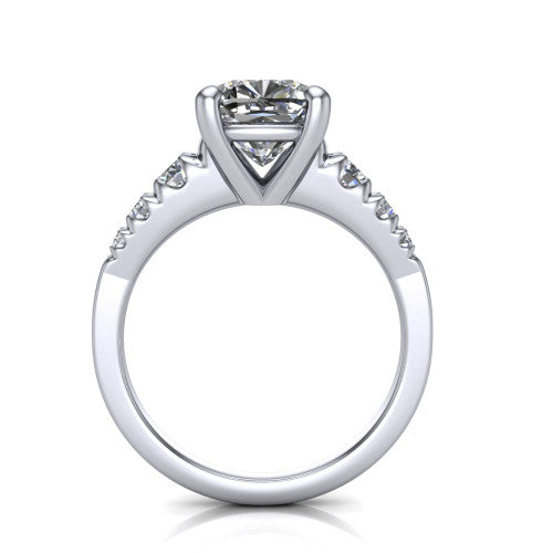 Millie cushion accent engagement ring in Platinum with graduated round side stones, through-finger front profile