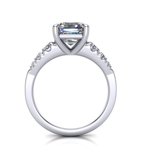 Millie asscher accent engagement ring in Platinum with graduated round side stones, through-finger front profile