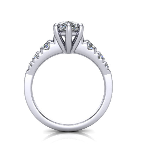Millie pear accent engagement ring in 18K White Gold with graduated round side stones, through-finger front profile