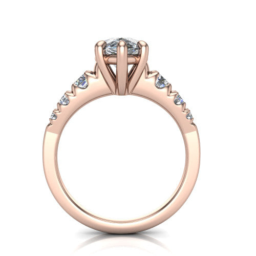 Millie pear accent engagement ring in 14K Rose Gold with graduated round side stones, through-finger front profile