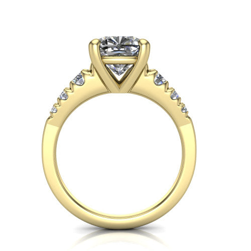 Millie cushion accent engagement ring in 14K Yellow Gold with graduated round side stones, through-finger front profile