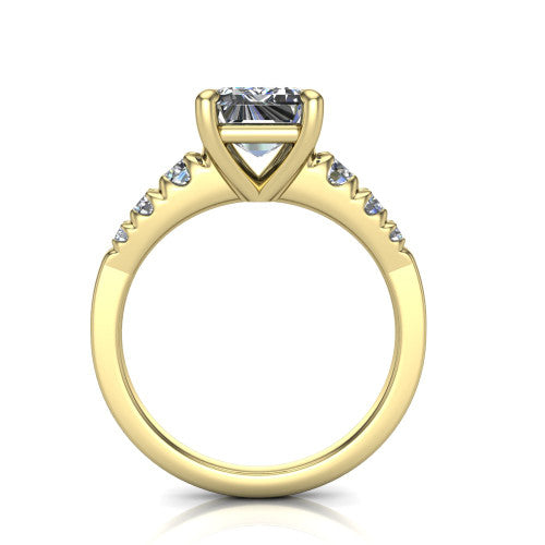 Millie emerald accent engagement ring in 14K Yellow Gold with graduated round side stones, through-finger front profile