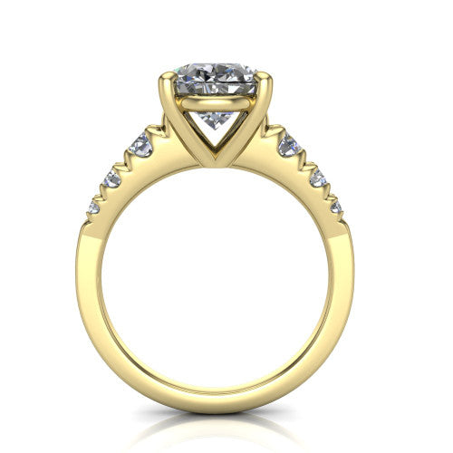 Millie oval accent engagement ring in 14K Yellow Gold with graduated round side stones, through-finger front profile