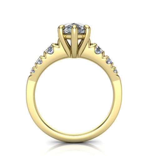 Millie pear accent engagement ring in 18K Yellow Gold with graduated round side stones, through-finger front profile