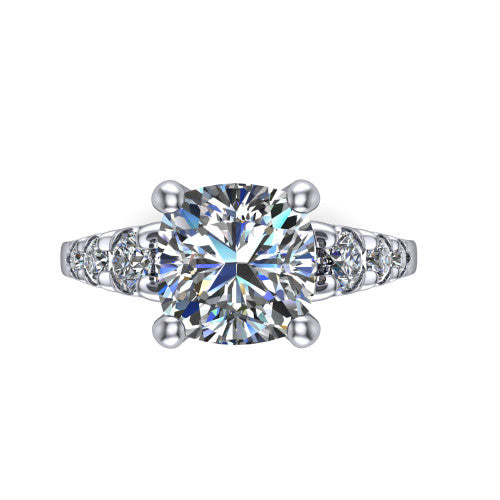 Millie cushion accent engagement ring in 18K White Gold with graduated round side stones, top-down view of the center and graduated round side stones
