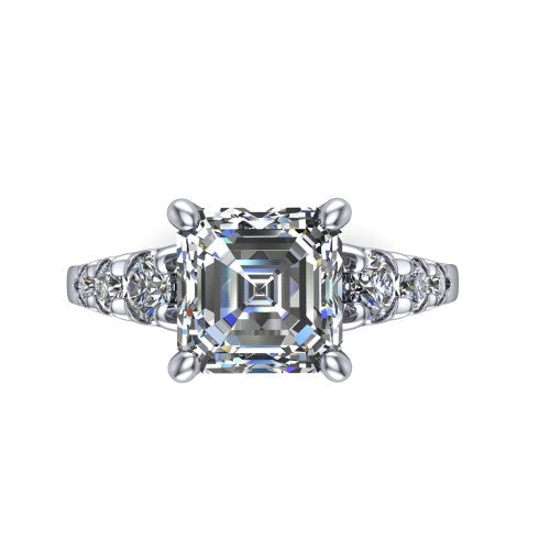 Millie asscher accent engagement ring in 18K White Gold with graduated round side stones, top-down view of the center and graduated round side stones