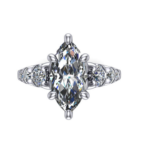 Millie marquise accent engagement ring in 18K White Gold with graduated round side stones, top-down view of the center and graduated round side stones
