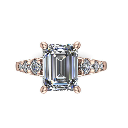 Millie emerald accent engagement ring in 18K Rose Gold with graduated round side stones, top-down view of the center and graduated round side stones