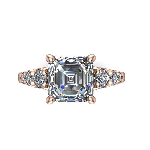 Millie asscher accent engagement ring in 14K Rose Gold with graduated round side stones, top-down view of the center and graduated round side stones