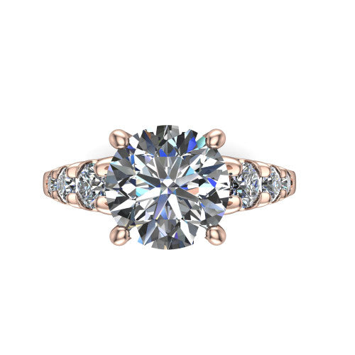 Millie round accent engagement ring in 18K Rose Gold with graduated round side stones, top-down view of the center and graduated round side stones