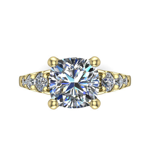 Millie cushion accent engagement ring in 14K Yellow Gold with graduated round side stones, top-down view of the center and graduated round side stones