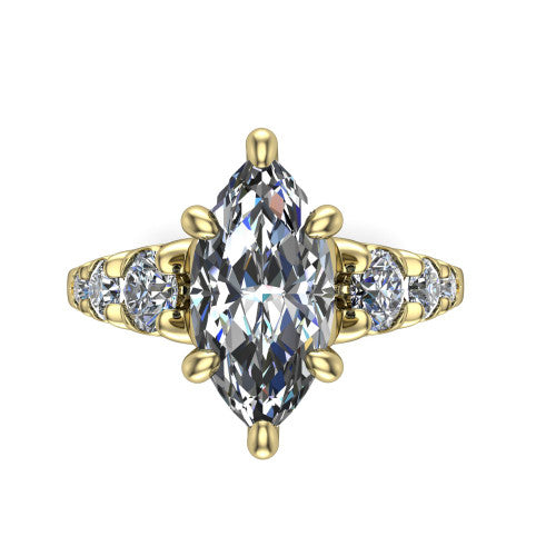 Millie marquise accent engagement ring in 18K Yellow Gold with graduated round side stones, top-down view of the center and graduated round side stones