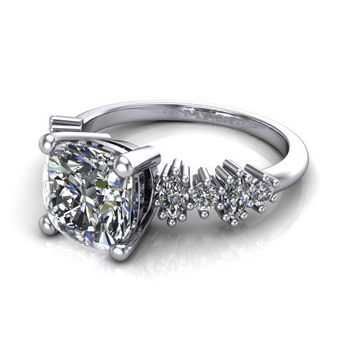 Piper cushion cluster accent engagement ring in 14K White Gold with marquise-and-round side stones, three-quarter perspective view