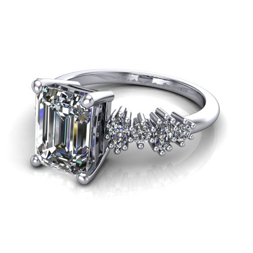 Piper emerald cluster accent engagement ring in 14K White Gold with marquise-and-round side stones, three-quarter perspective view