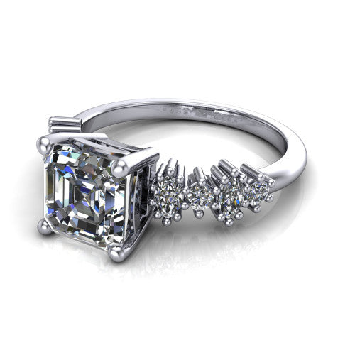 Piper asscher cluster accent engagement ring in 14K White Gold with marquise-and-round side stones, three-quarter perspective view
