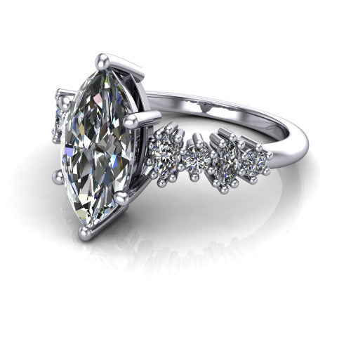 Piper marquise cluster accent engagement ring in 14K White Gold with marquise-and-round side stones, three-quarter perspective view